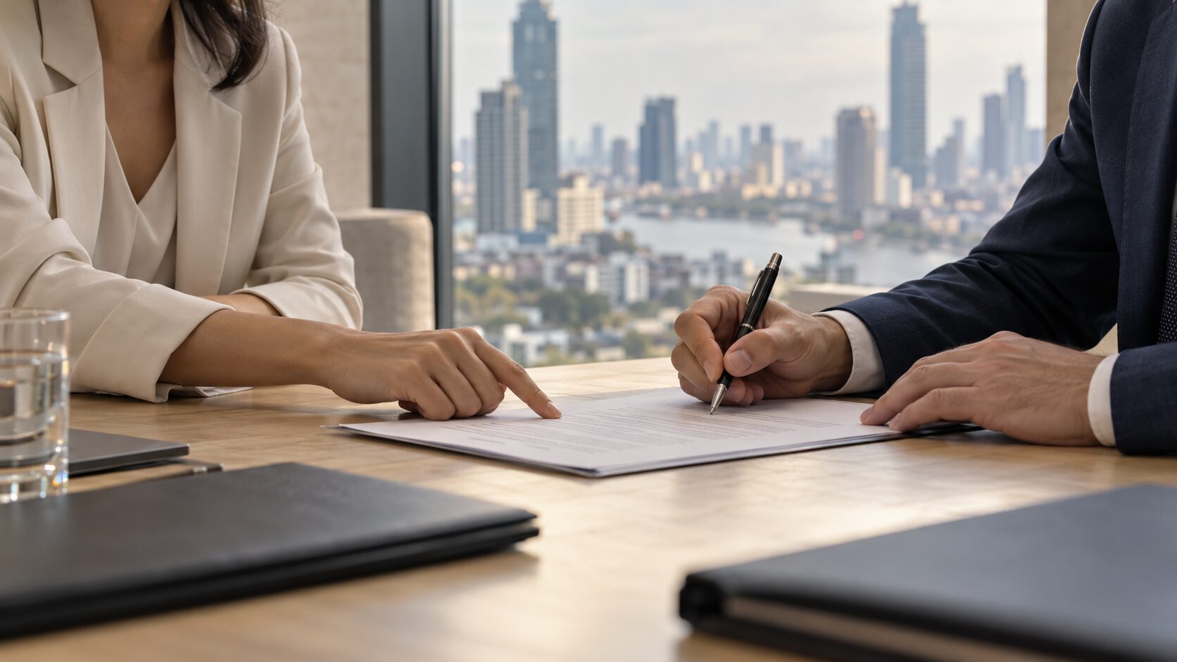 Illustration of investors reviewing documents in a Bangkok-inspired office