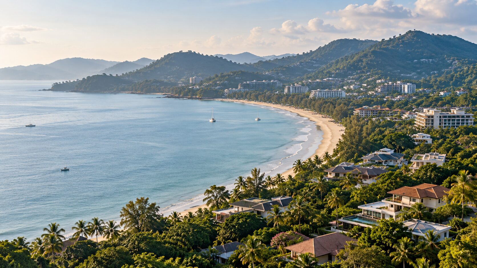 Illustrative Phuket-inspired coastline with hotels and residences